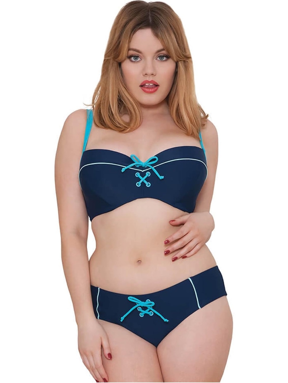 Navy and Aqua Two-Piece Bikini with Lace-Up Detail